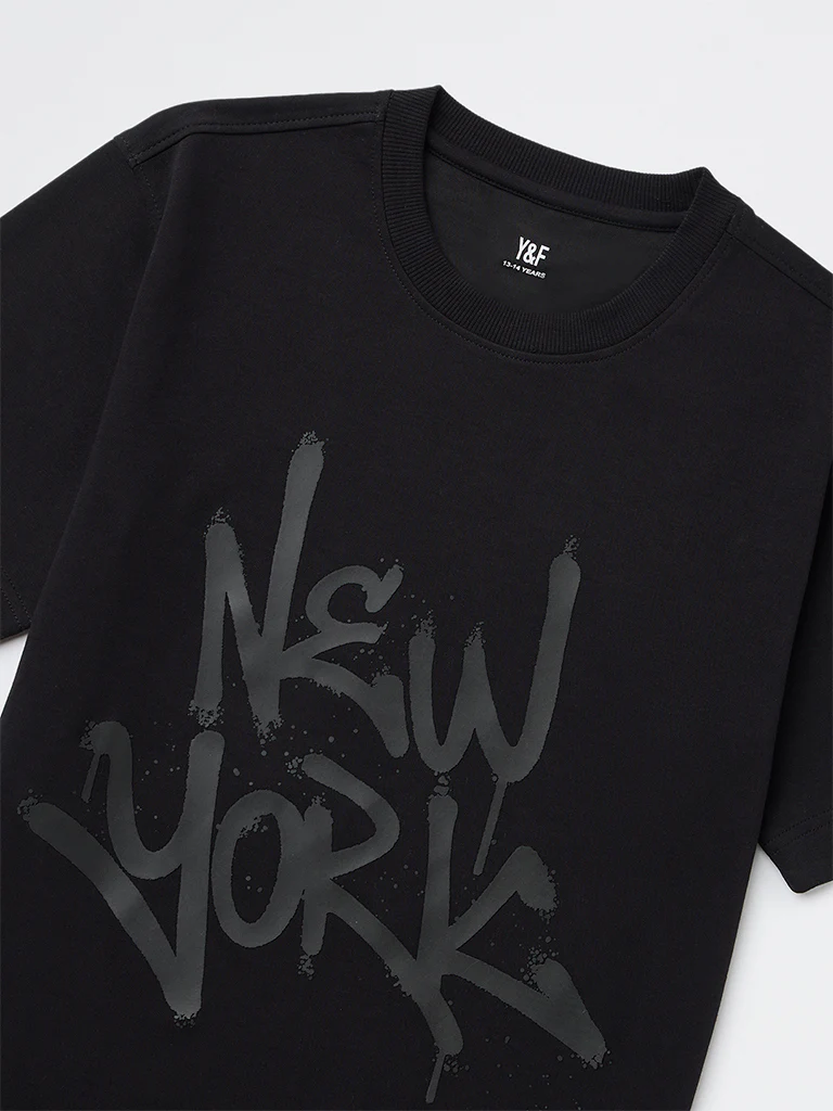 Y&F Kids Boys Black Printed Cotton-Blend T-Shirt - Image 4