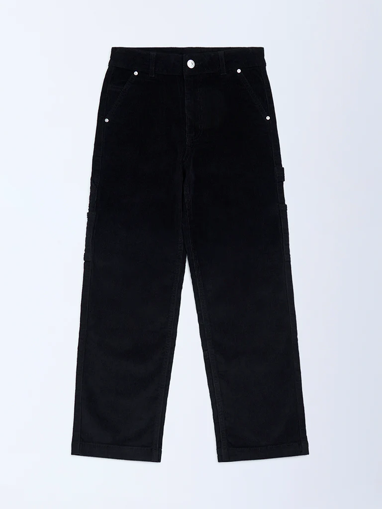 Y&F Kids Boys Black Relaxed-Fit Mid-Rise Corduroy Trousers
