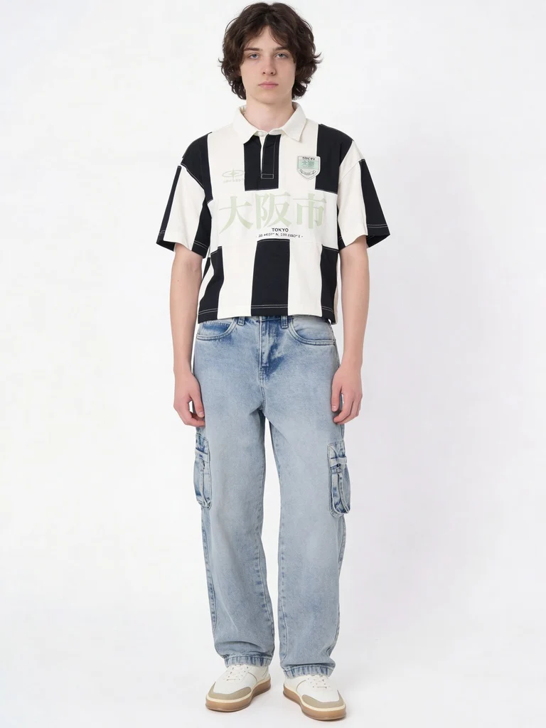 Y&F Kids Boys Black Striped Cotton Polo T-Shirt