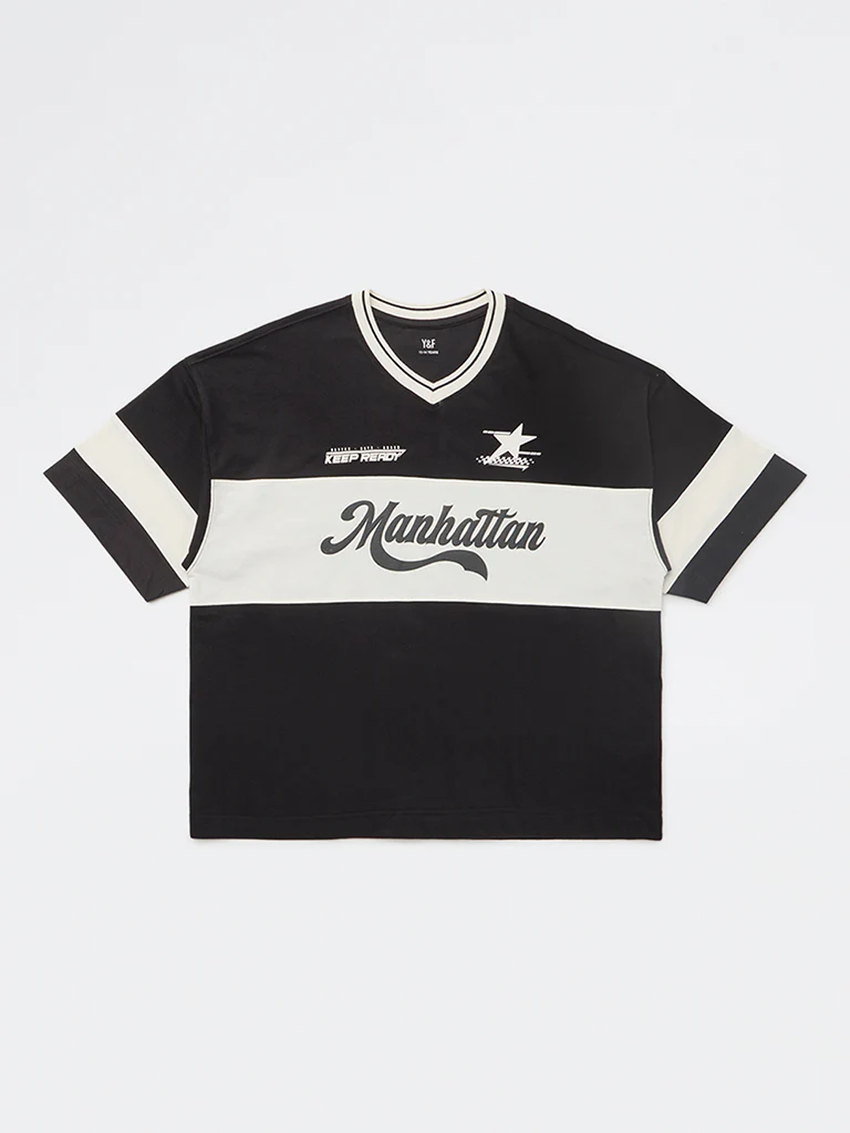 Y&F Kids Boys Black Text Design Cotton T-Shirt