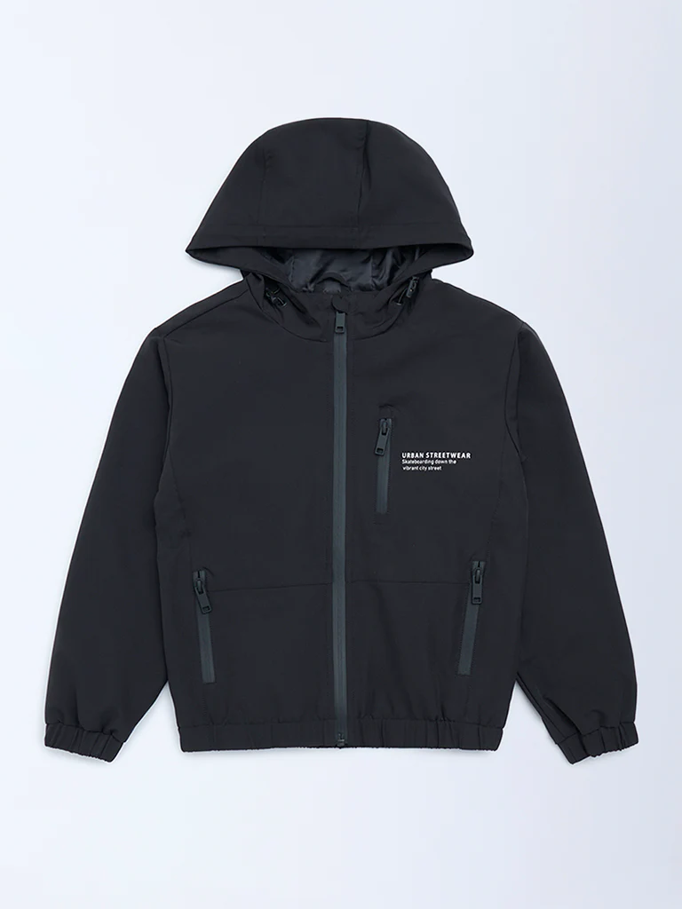 Y&F Kids Boys Black Text Design Hooded Jacket