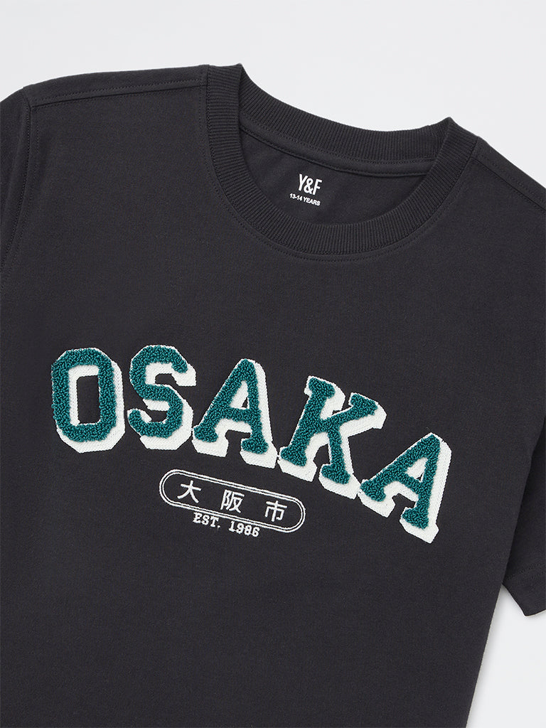 Y&F Kids Boys Black Text Detailed Cotton T-Shirt - Image 4