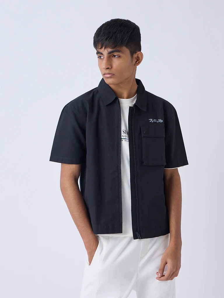 Y&F Kids Boys Black Typographic Resort-Fit Shirt - Image 2