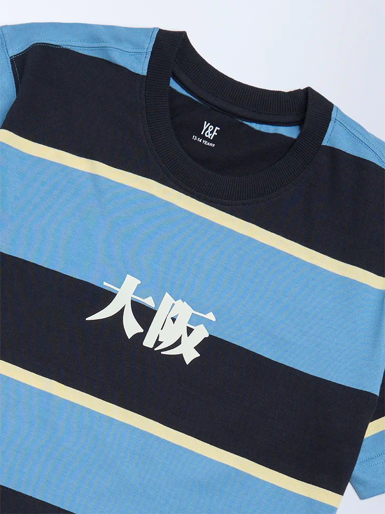 Y&F Kids Boys Blue Colour-Blocked Cotton T-Shirt - Image 3