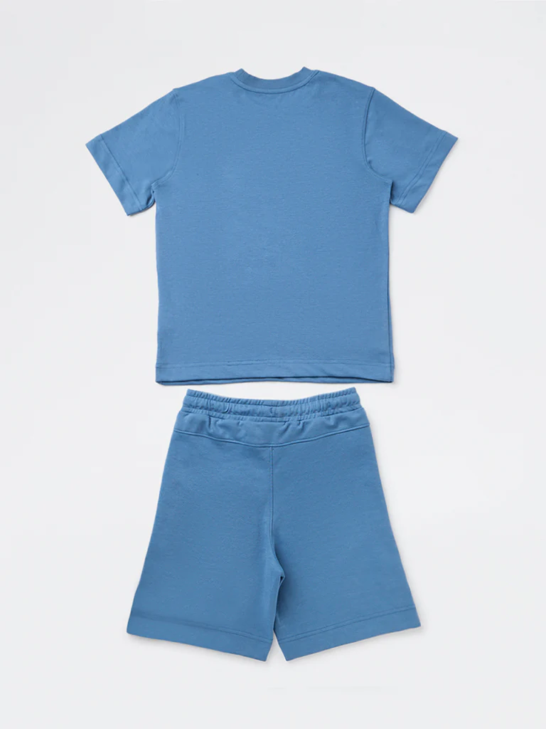 Y&F Kids Boys Blue Cotton-Blend T-Shirt and Shorts Set - Image 2