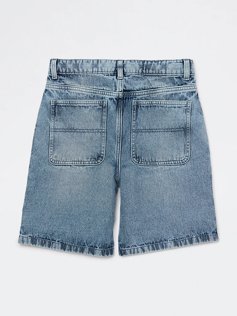 Y&F Kids Boys Blue Faded Mid-Rise Denim Shorts - Image 3