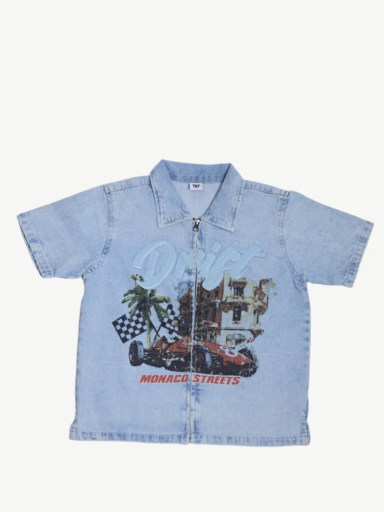 Y&F Kids Boys Blue Graphic Print Zip-Up Denim Shirt - Image 3