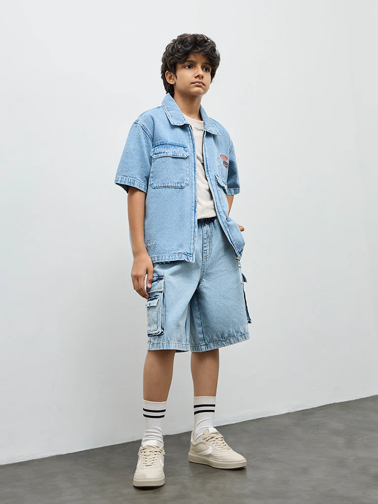 Y&F Kids Boys Blue Numerical Design Denim Jacket