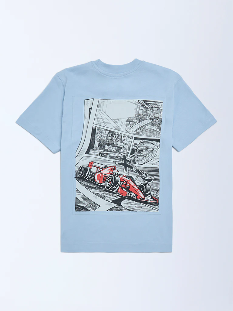 Y&F Kids Boys Blue Printed Cotton T-Shirt - Image 2