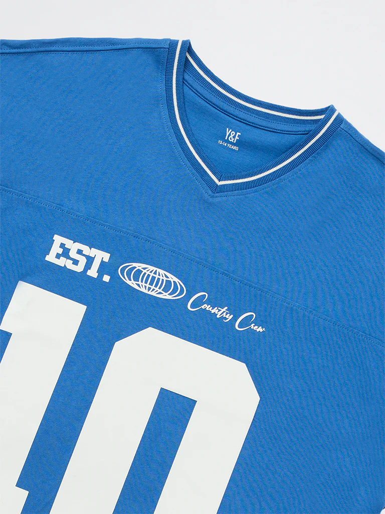 Y&F Kids Boys Blue Printed Cotton T-Shirt - Image 3