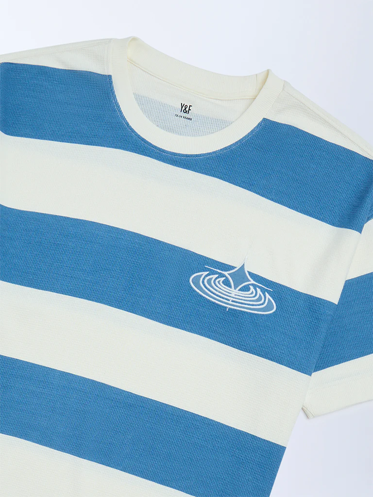 Y&F Kids Boys Blue Striped Cotton T-Shirt - Image 3
