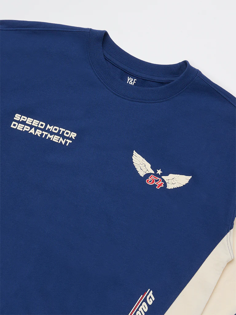 Y&F Kids Boys Blue Typographic Cotton Sweatshirt - Image 3
