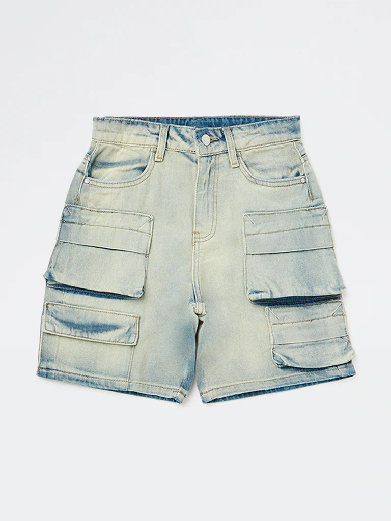 Y&F Kids Boys Blue Washed Mid-Rise Denim Cargo Shorts - Image 4
