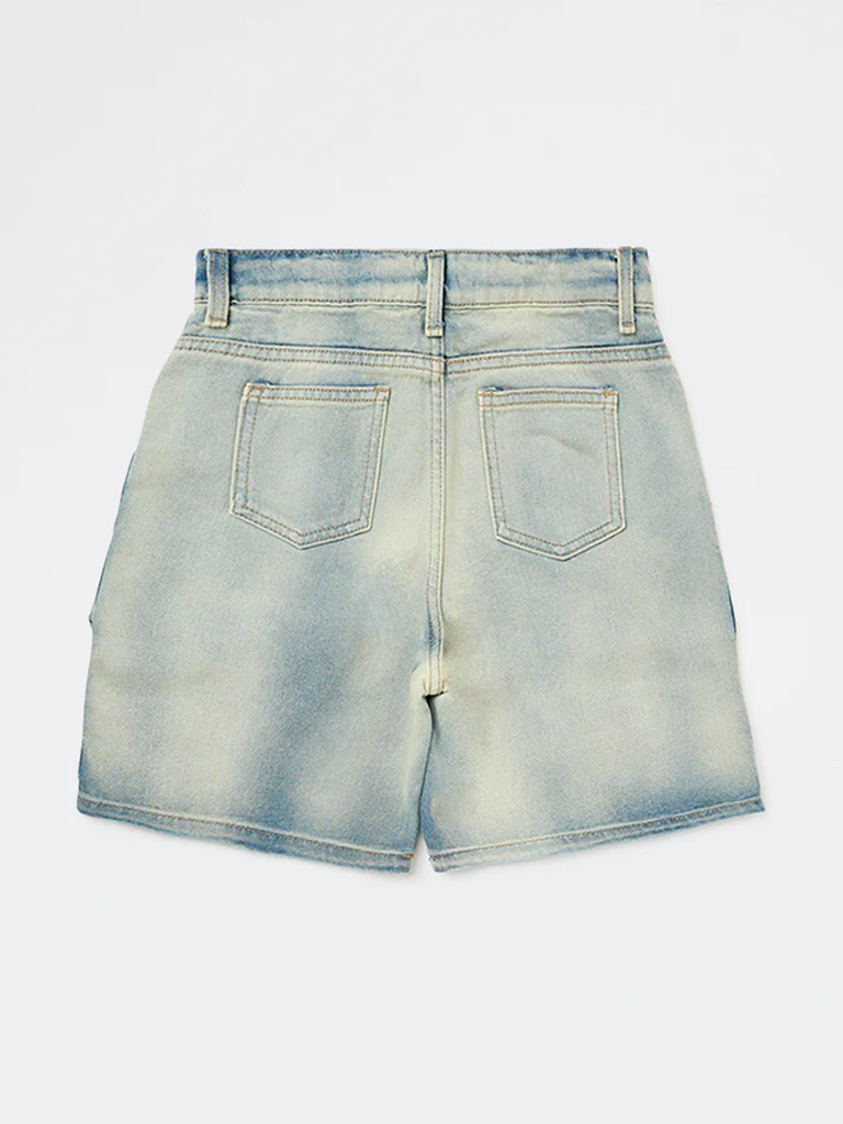 Y&F Kids Boys Blue Washed Mid-Rise Denim Cargo Shorts - Image 5