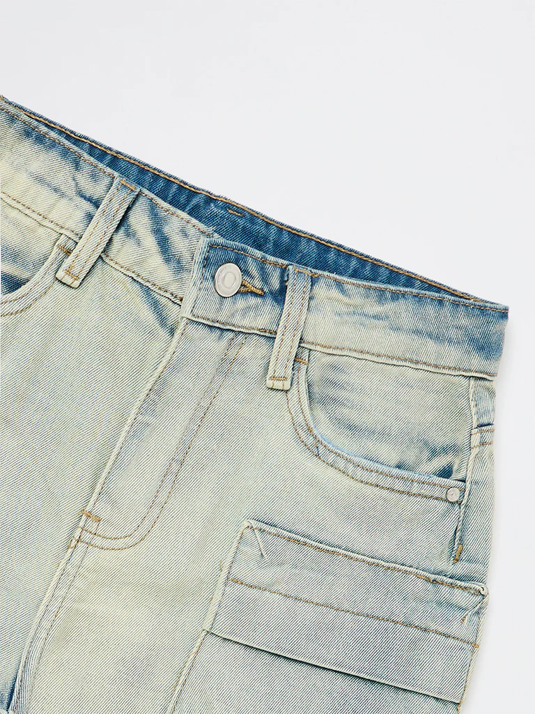 Y&F Kids Boys Blue Washed Mid-Rise Denim Cargo Shorts - Image 6