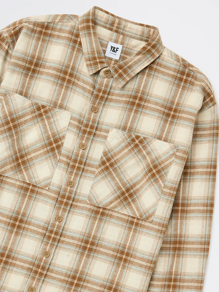Y&F Kids Boys Brown Check Cotton Shirt - Image 3