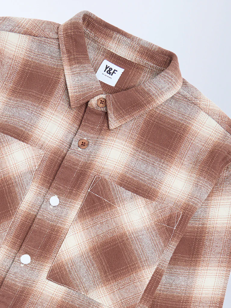 Y&F Kids Boys Brown Checkered Cotton Shirt - Image 3