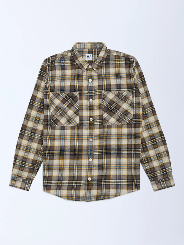 Y&F Kids Boys Brown Checkered Cotton Shirt