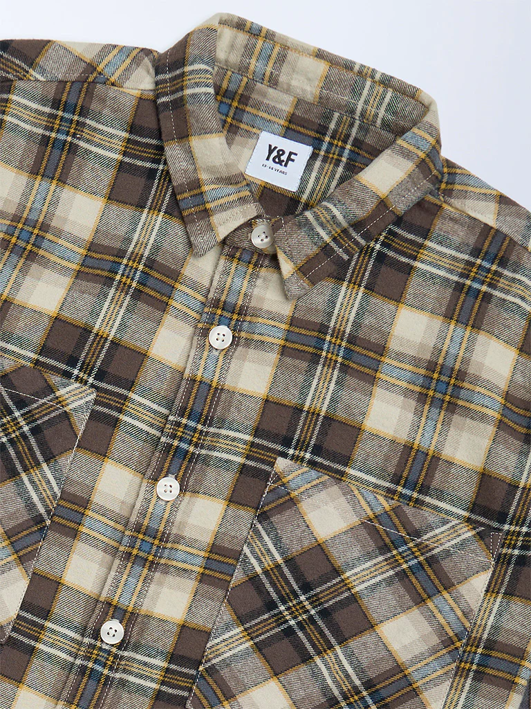 Y&F Kids Boys Brown Checkered Cotton Shirt - Image 4