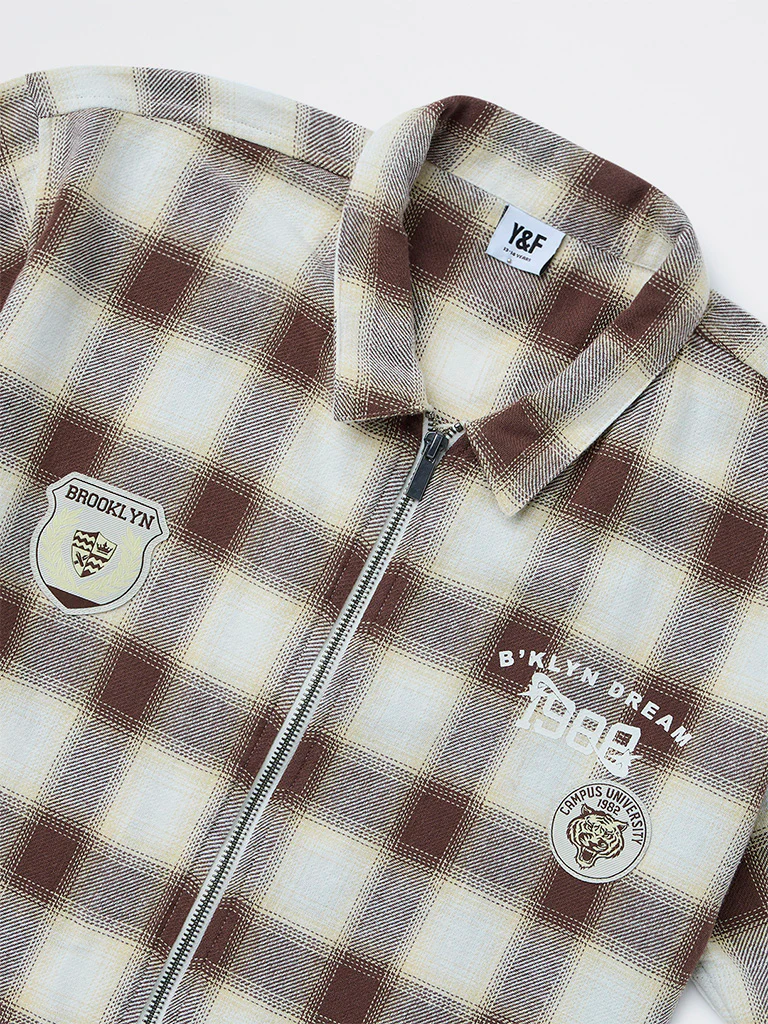 Y&F Kids Boys Brown Checkered Cotton Shirt - Image 3