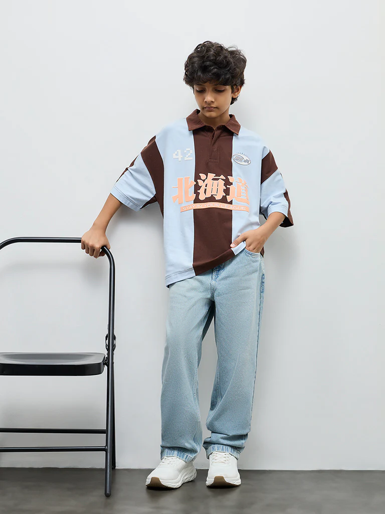 Y&F Kids Boys Brown Colour-Blocked Cotton Polo T-Shirt