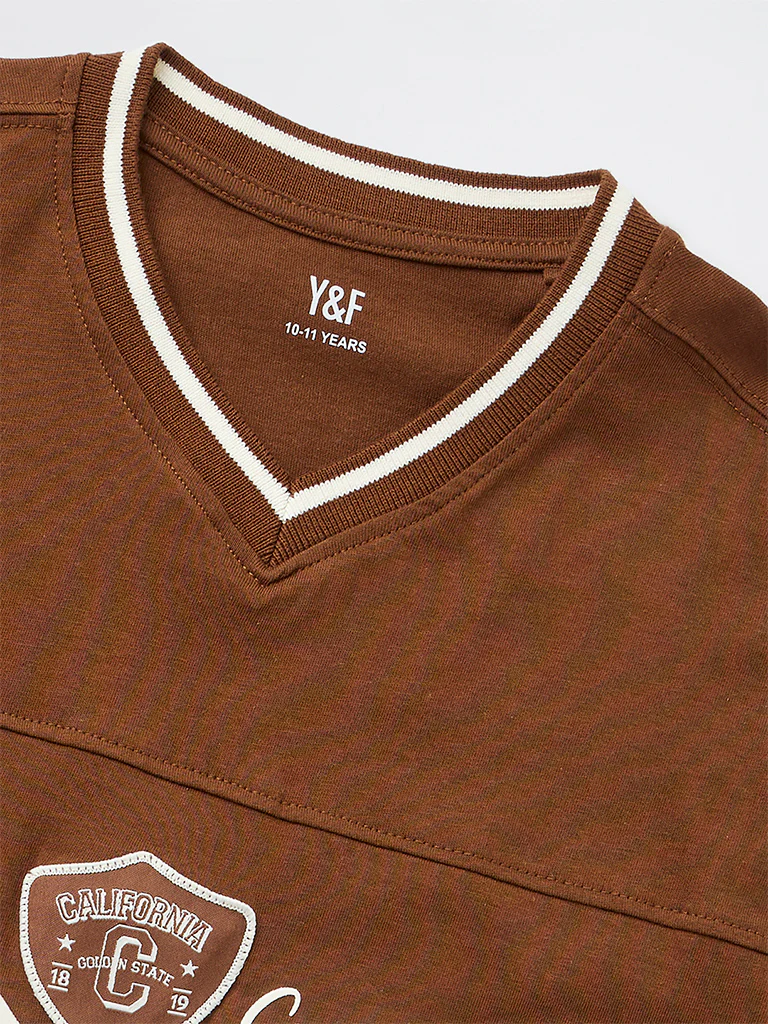 Y&F Kids Boys Brown Numerical Printed Cotton T-Shirt - Image 3