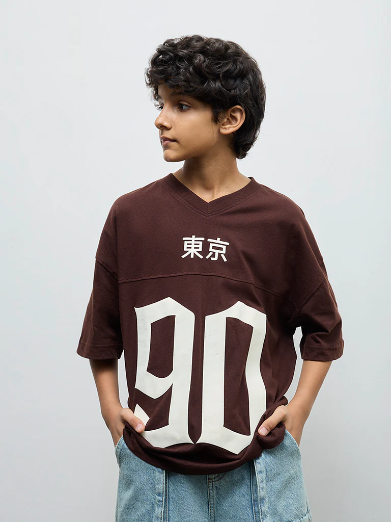 Y&F Kids Boys Brown Numerical Printed Cotton T-Shirt - Image 2