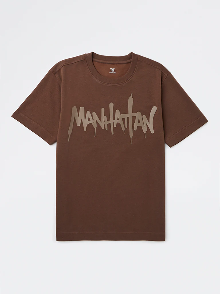 Y&F Kids Boys Brown Printed Cotton-Blend T-Shirt