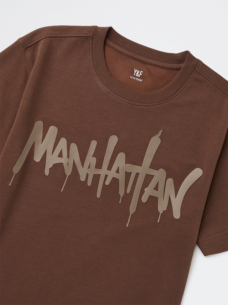 Y&F Kids Boys Brown Printed Cotton-Blend T-Shirt - Image 4