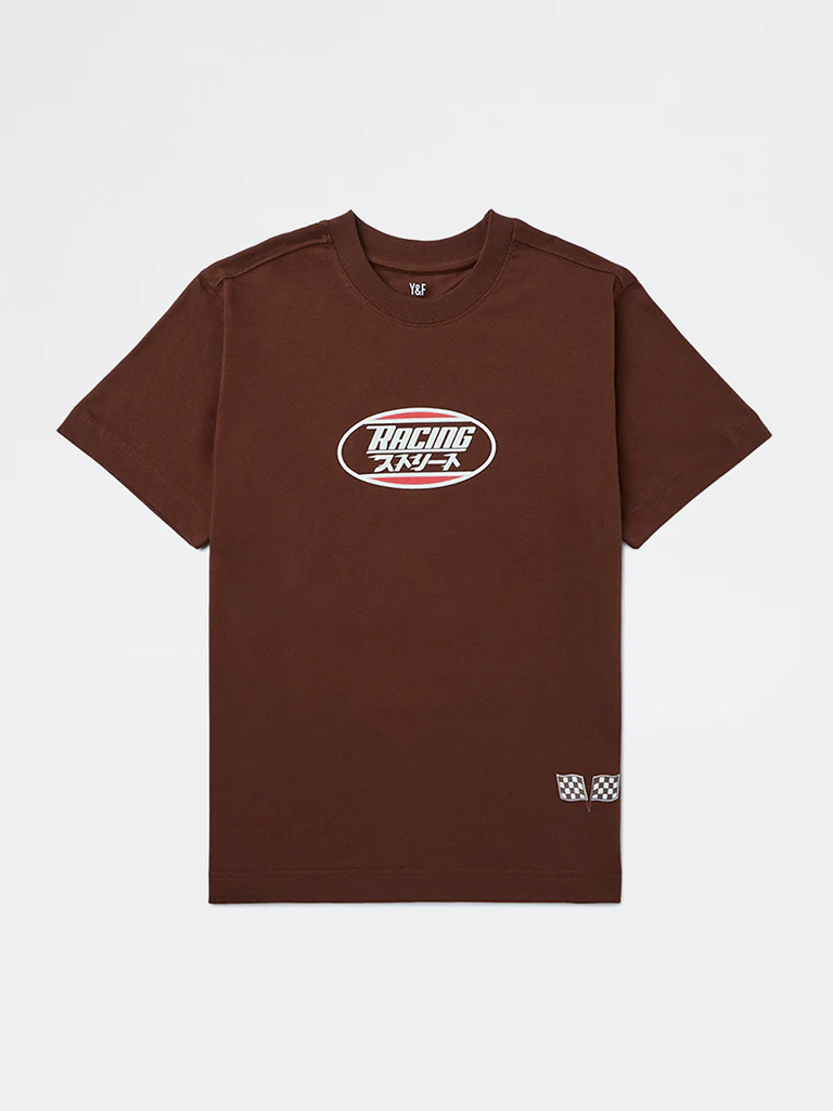 Y&F Kids Boys Brown Race-Inspired Printed Cotton T-Shirt