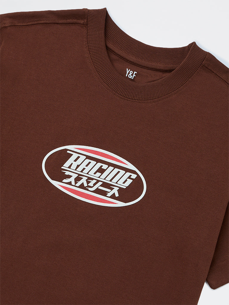 Y&F Kids Boys Brown Race-Inspired Printed Cotton T-Shirt - Image 3