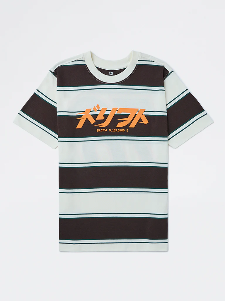 Y&F Kids Boys Brown Striped Cotton T-Shirt - Image 2