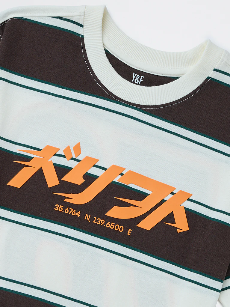 Y&F Kids Boys Brown Striped Cotton T-Shirt - Image 4