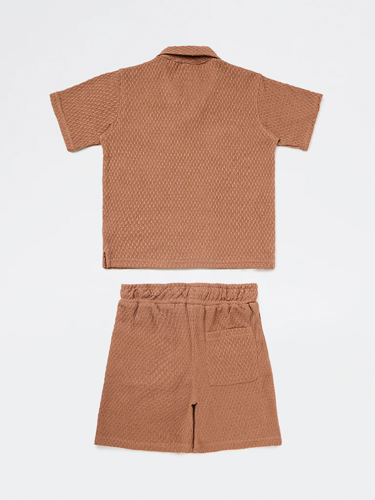Y&F Kids Boys Brown Textured Cotton-Blend T-Shirt and Shorts Set - Image 4