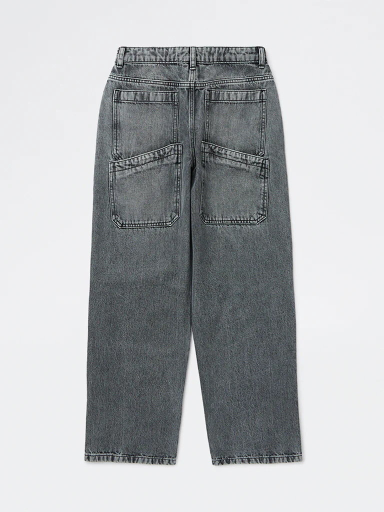 Y&F Kids Boys Charcoal Washed Relaxed-Fit Mid-Rise Jeans - Image 3
