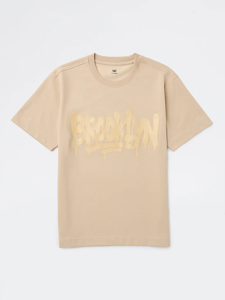 Y&F Kids Boys Cream Printed Cotton-Blend T-Shirt