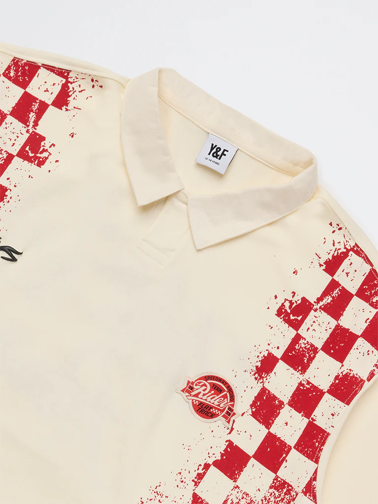 Y&F Kids Boys Cream Printed Cotton T-Shirt - Image 3