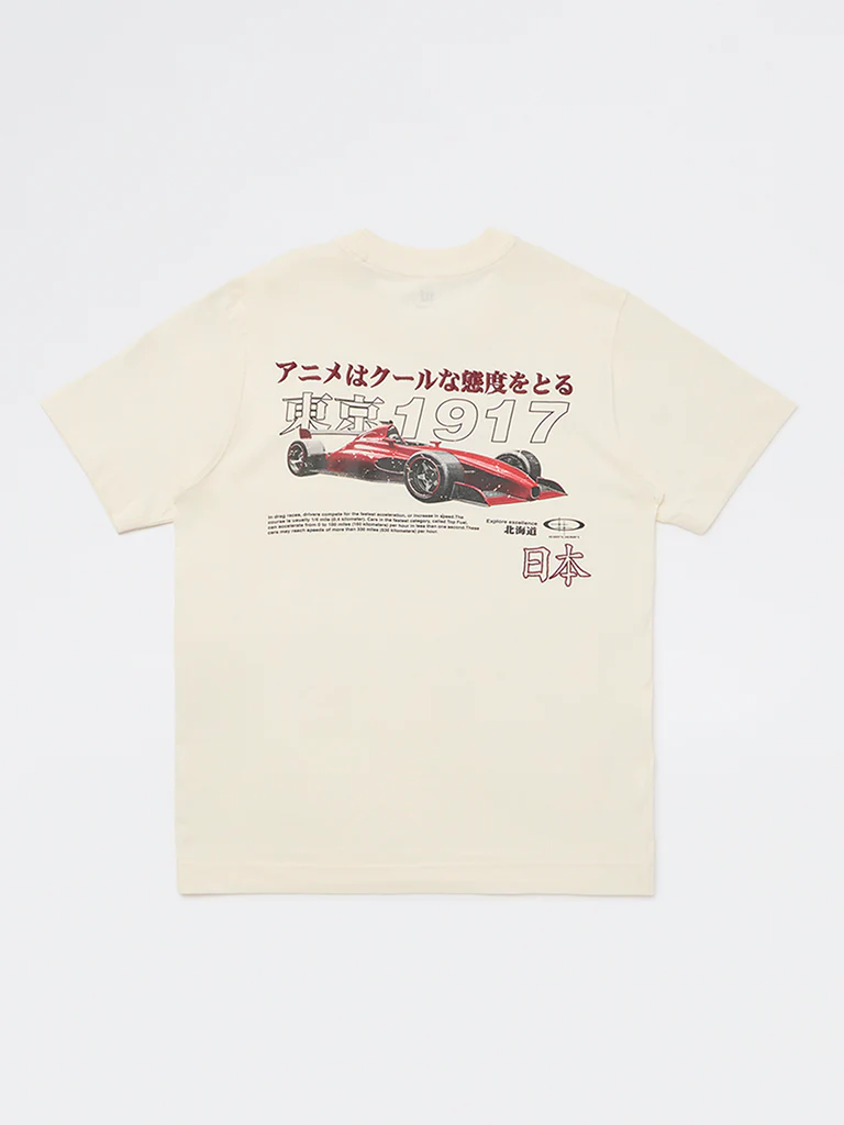 Y&F Kids Boys Cream Racer-Inspired Cotton T-Shirt - Image 2