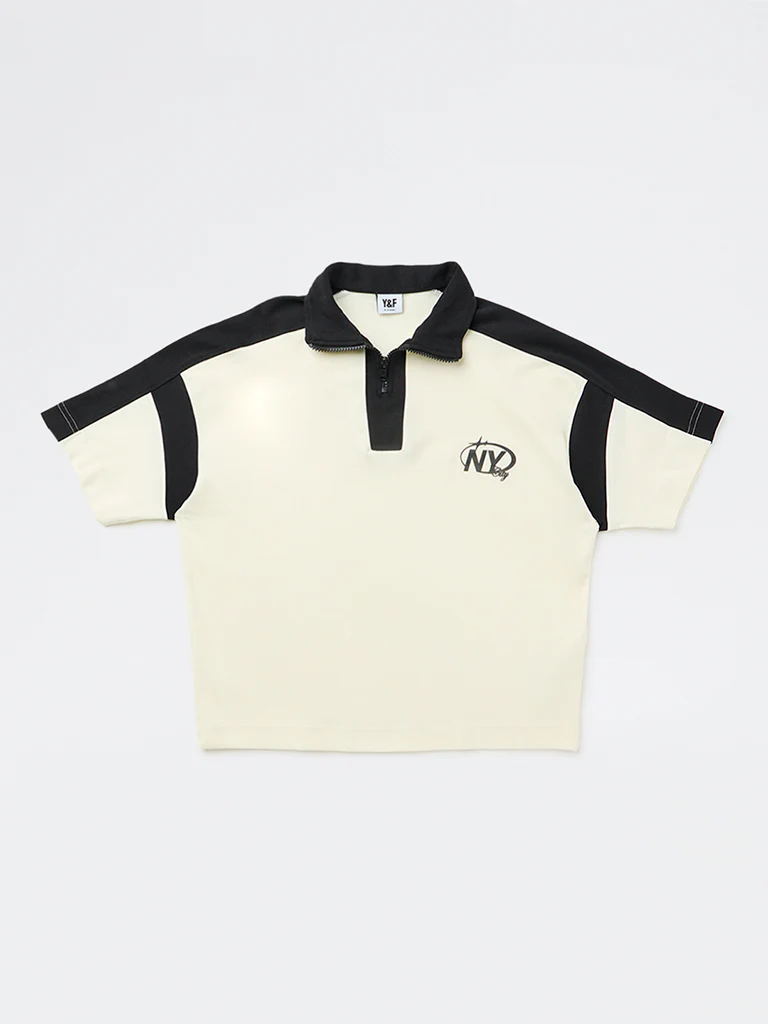 Y&F Kids Boys Cream Text Printed Cotton T-Shirt