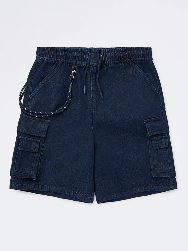 Y&F Kids Boys Dark Blue Mid-Rise Denim Chain-detailed Shorts - Image 3