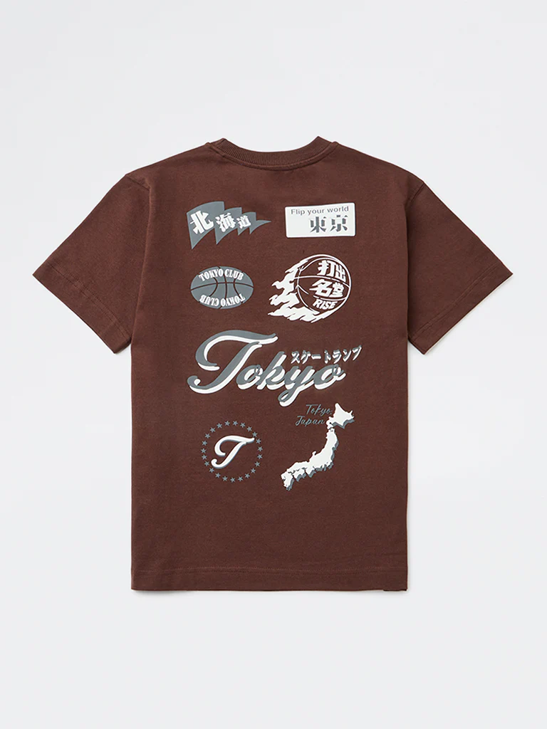 Y&F Kids Boys Dark Brown Graphic Printed Cotton T-Shirt - Image 2