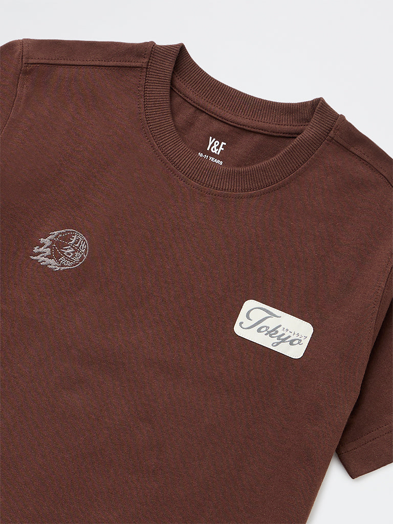 Y&F Kids Boys Dark Brown Graphic Printed Cotton T-Shirt - Image 3
