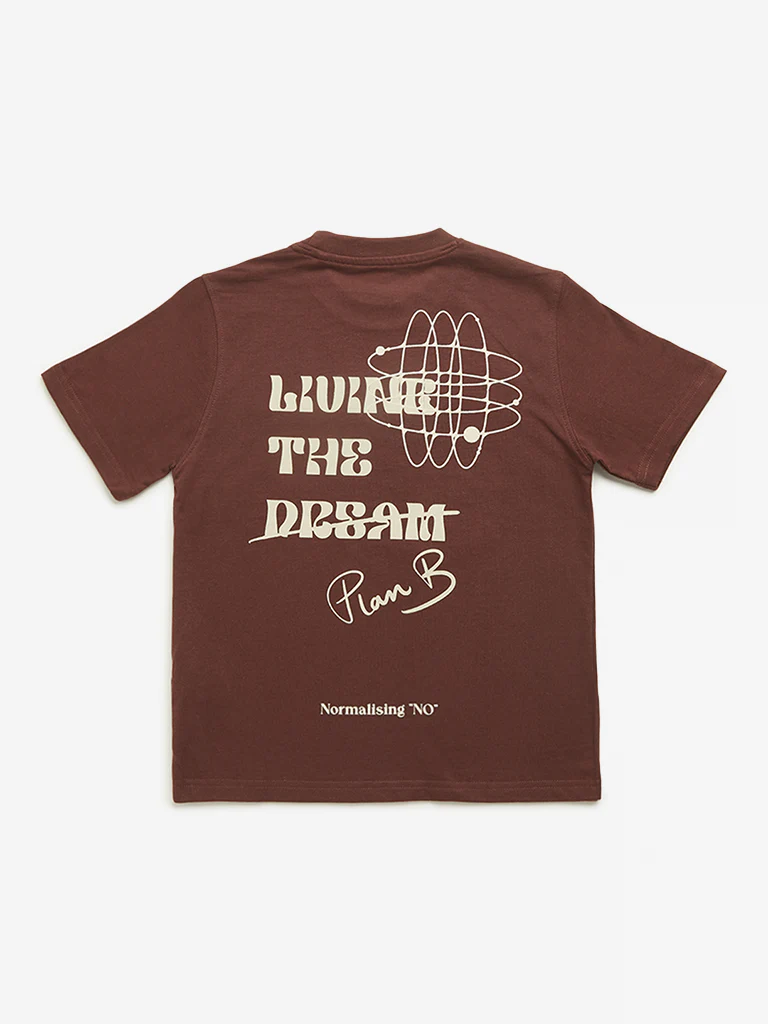 Y&F Kids Boys Dark Brown Text Printed Cotton T-Shirt - Image 3