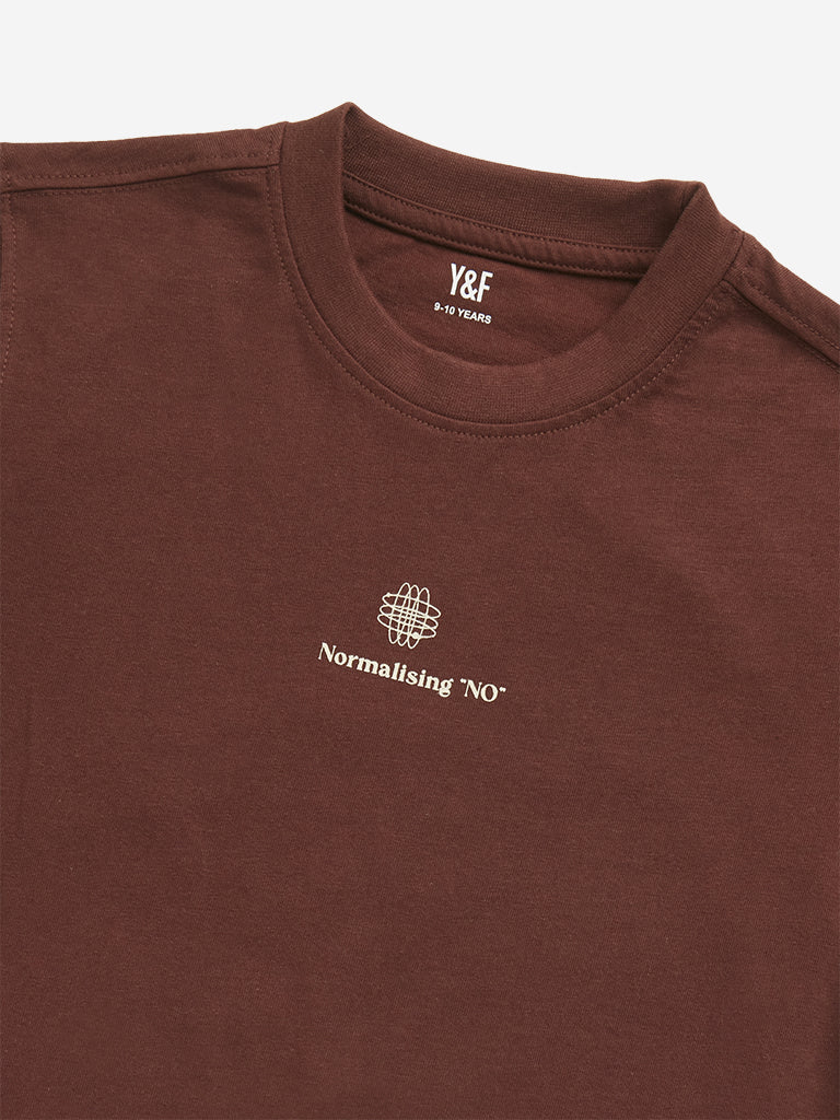 Y&F Kids Boys Dark Brown Text Printed Cotton T-Shirt - Image 4