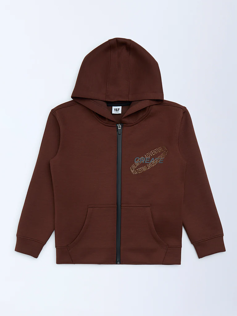 Y&F Kids Boys Dark Brown Text Printed Hooded Jacket