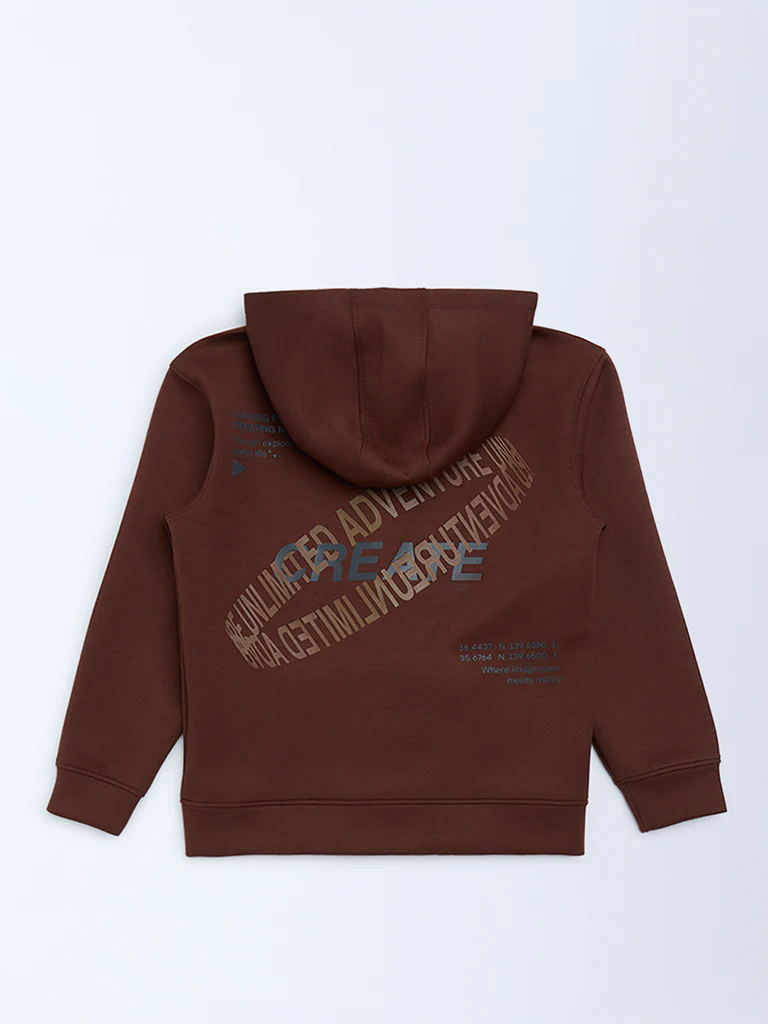 Y&F Kids Boys Dark Brown Text Printed Hooded Jacket - Image 2