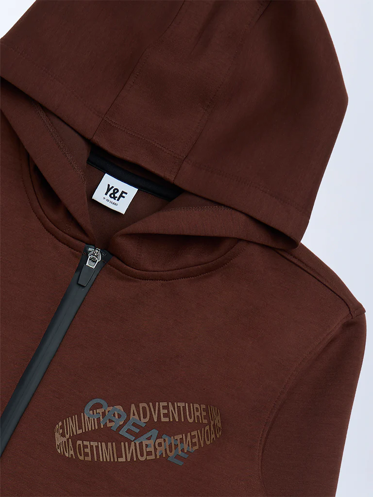 Y&F Kids Boys Dark Brown Text Printed Hooded Jacket - Image 3