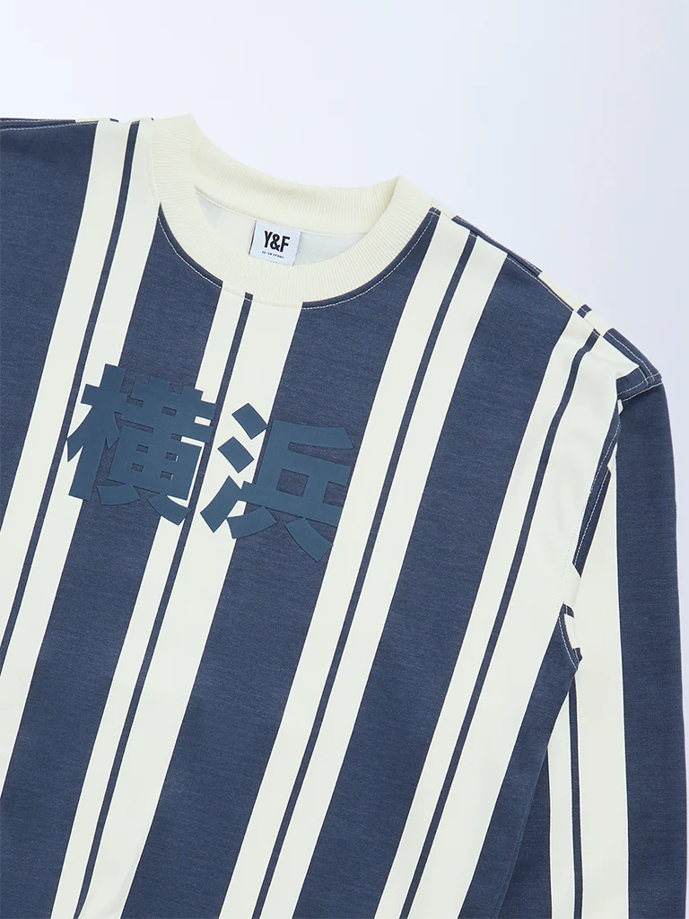 Y&F Kids Boys Dusty Blue Striped Cotton-Blend Sweatshirt - Image 3