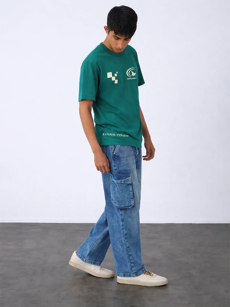 Y&F Kids Boys Green Graphic Printed Cotton T-Shirt
