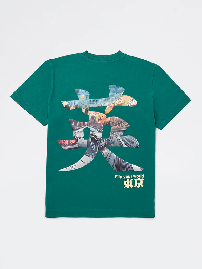 Y&F Kids Boys Green Graphic Printed Cotton T-Shirt - Image 3